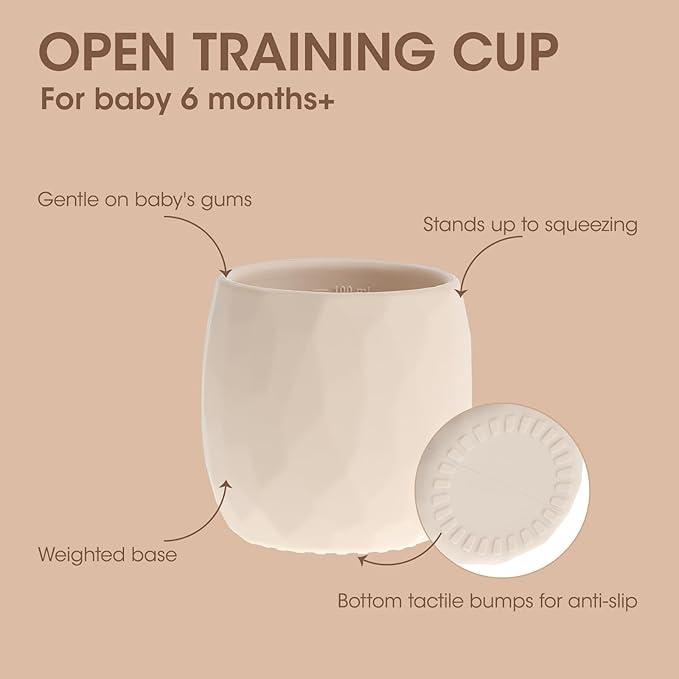 Trinklernbecher aus Silikon für 6-12 Monate Kleinkinder, winzige offene Becher, Kleine Trainings Trinkflasche für Babys und Kleinkinder, mit Kapazitätsmarkierungen, Set mit 2 (Shifting Sand+Natural)