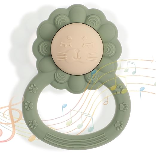 Silikon Babyrassel Beißring, Löwenform Baby Spielzeug für Sinnes und Kauentwicklung, BPA-frei
