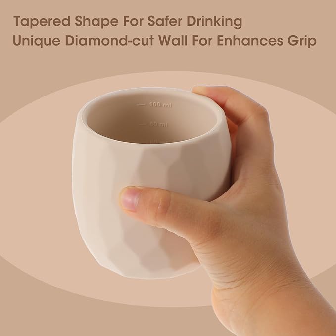 Trinklernbecher aus Silikon für 6-12 Monate Kleinkinder, winzige offene Becher, Kleine Trainings Trinkflasche für Babys und Kleinkinder, mit Kapazitätsmarkierungen, Set mit 2 (Shifting Sand+Natural)