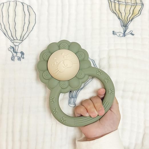 Silikon Babyrassel Beißring, Löwenform Baby Spielzeug für Sinnes und Kauentwicklung, BPA-frei